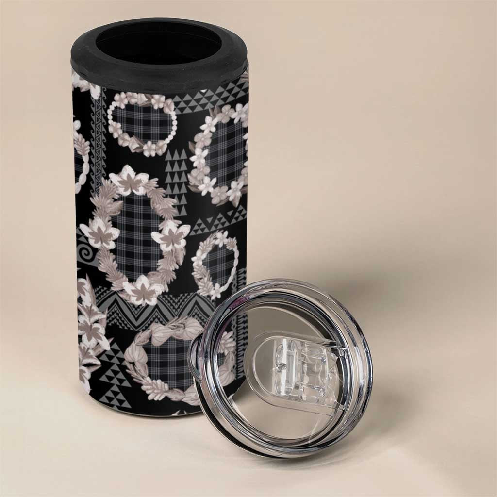 Hawaiian Leis 4 in 1 Can Cooler Tumbler Kakau Tattoos and Palaka Pastel Grayscale