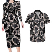 Hawaiian Leis Couples Matching Long Sleeve Bodycon Dress and Hawaiian Shirt Kakau Tattoos and Palaka Pastel Grayscale LT03 Black - Polynesian Pride
