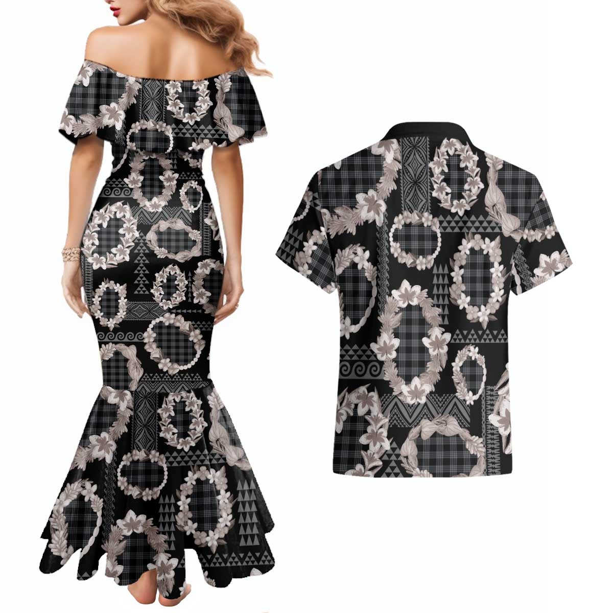Hawaiian Leis Couples Matching Mermaid Dress and Hawaiian Shirt Kakau Tattoos and Palaka Pastel Grayscale