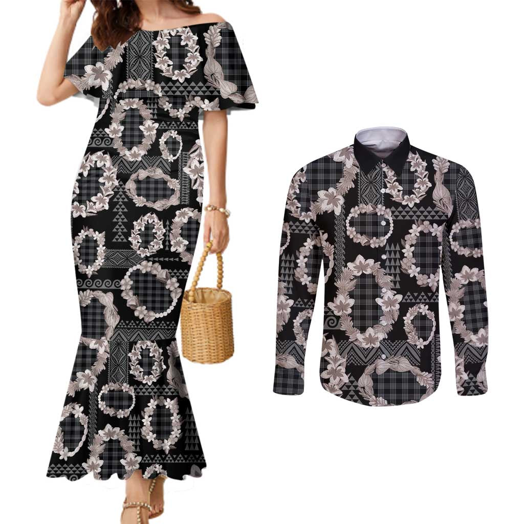 Hawaiian Leis Couples Matching Mermaid Dress and Long Sleeve Button Shirt Kakau Tattoos and Palaka Pastel Grayscale LT03 Black - Polynesian Pride