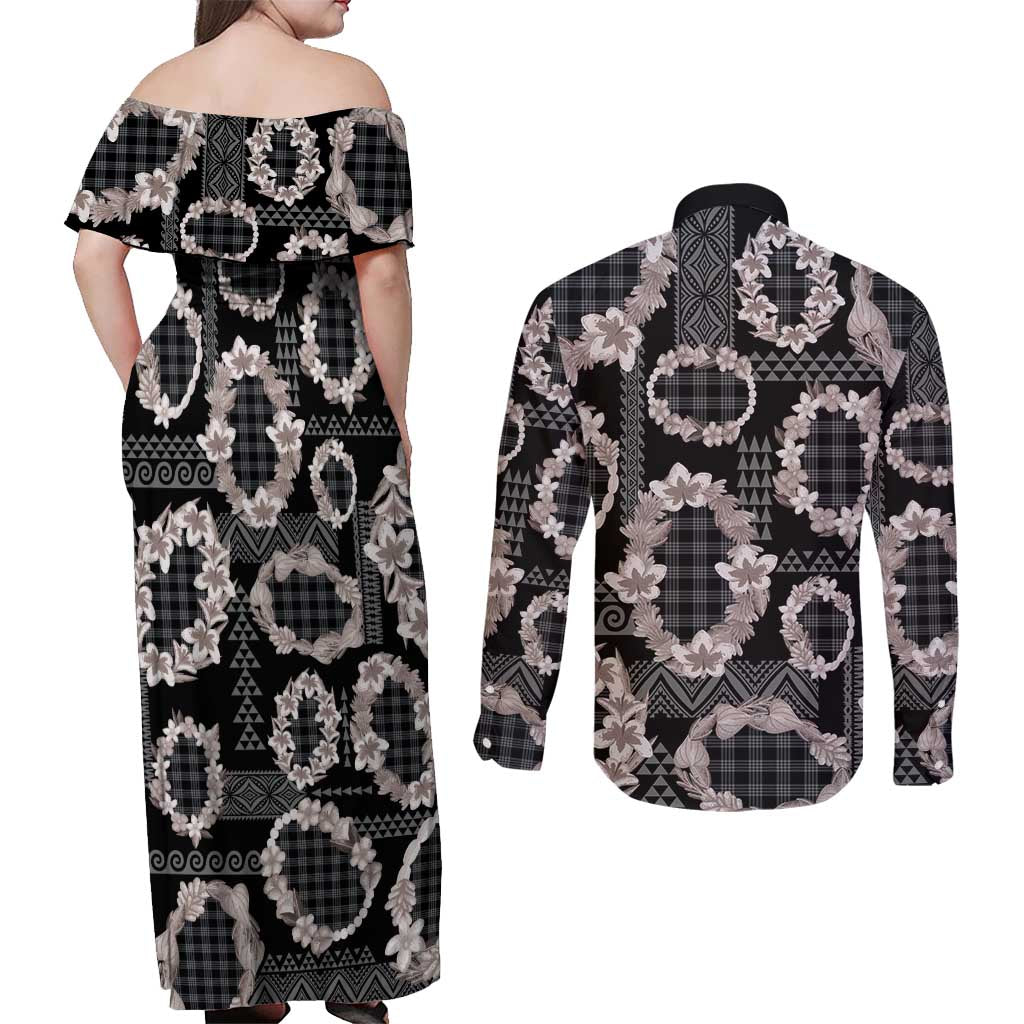 Hawaiian Leis Couples Matching Off Shoulder Maxi Dress and Long Sleeve Button Shirt Kakau Tattoos and Palaka Pastel Grayscale
