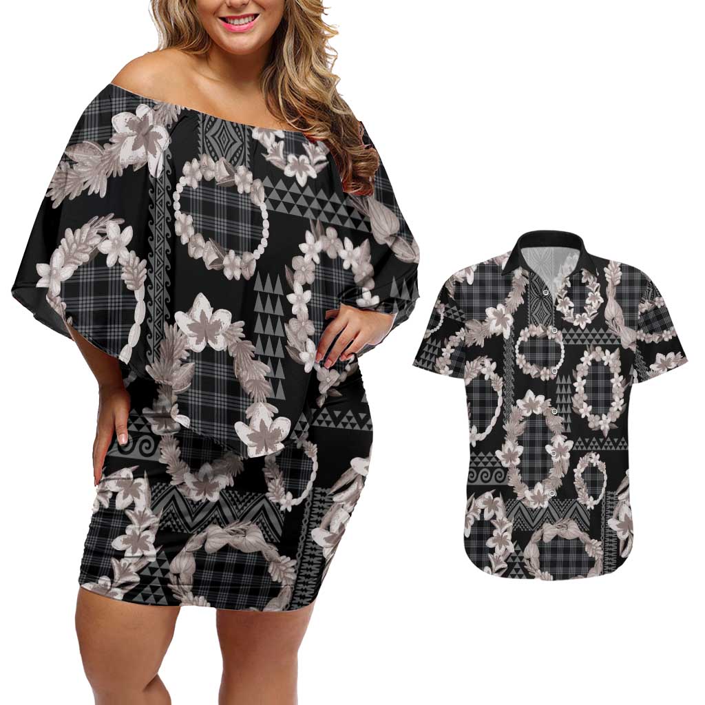 Hawaiian Leis Couples Matching Off Shoulder Short Dress and Hawaiian Shirt Kakau Tattoos and Palaka Pastel Grayscale
