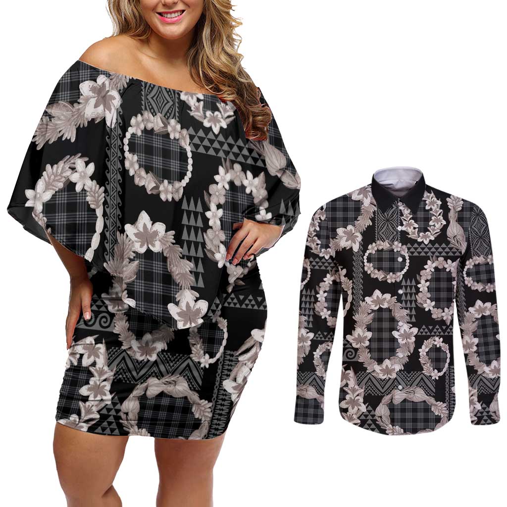 Hawaiian Leis Couples Matching Off Shoulder Short Dress and Long Sleeve Button Shirt Kakau Tattoos and Palaka Pastel Grayscale