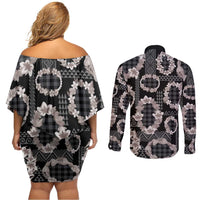 Hawaiian Leis Couples Matching Off Shoulder Short Dress and Long Sleeve Button Shirt Kakau Tattoos and Palaka Pastel Grayscale