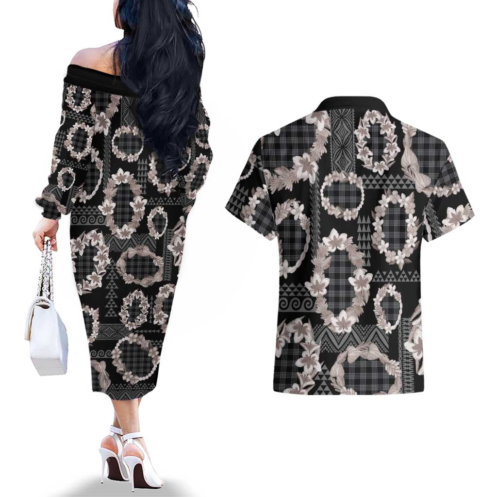 Hawaiian Leis Couples Matching Off The Shoulder Long Sleeve Dress and Hawaiian Shirt Kakau Tattoos and Palaka Pastel Grayscale LT03 - Polynesian Pride