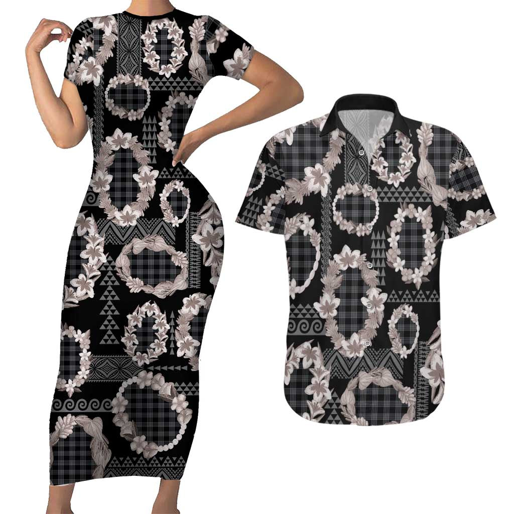 Hawaiian Leis Couples Matching Short Sleeve Bodycon Dress and Hawaiian Shirt Kakau Tattoos and Palaka Pastel Grayscale LT03 Black - Polynesian Pride