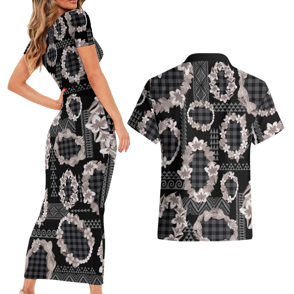 Hawaiian Leis Couples Matching Short Sleeve Bodycon Dress and Hawaiian Shirt Kakau Tattoos and Palaka Pastel Grayscale LT03 - Polynesian Pride