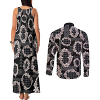 Hawaiian Leis Couples Matching Tank Maxi Dress and Long Sleeve Button Shirt Kakau Tattoos and Palaka Pastel Grayscale