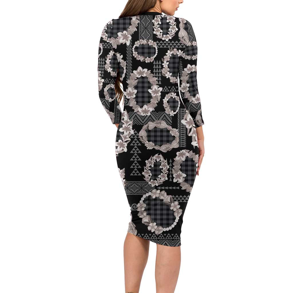 Hawaiian Leis Family Matching Long Sleeve Bodycon Dress and Hawaiian Shirt Kakau Tattoos and Palaka Pastel Grayscale LT03 - Polynesian Pride