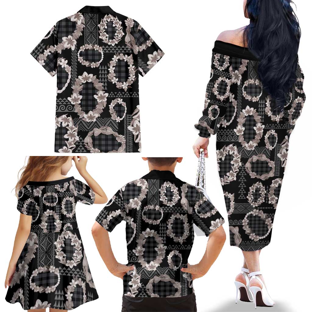 Hawaiian Leis Family Matching Off The Shoulder Long Sleeve Dress and Hawaiian Shirt Kakau Tattoos and Palaka Pastel Grayscale LT03 - Polynesian Pride