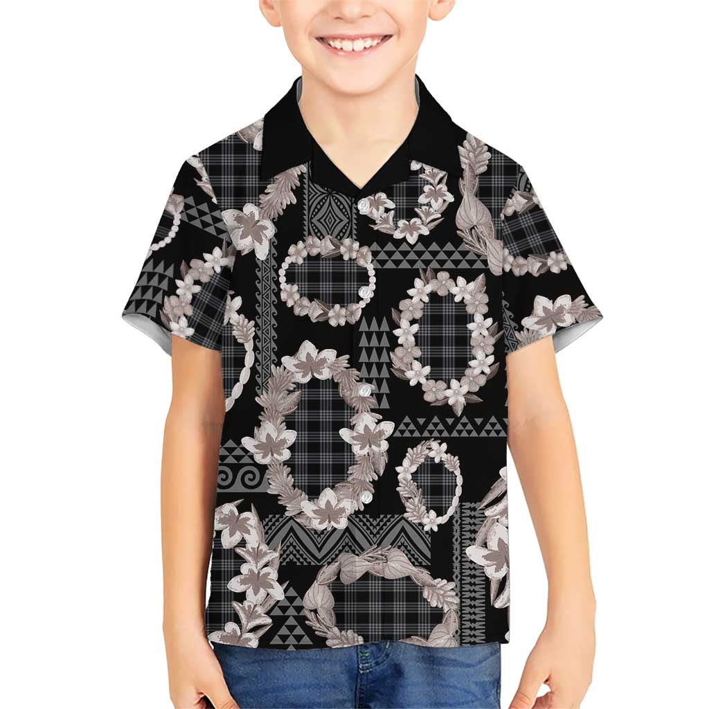 Hawaiian Leis Family Matching Off The Shoulder Long Sleeve Dress and Hawaiian Shirt Kakau Tattoos and Palaka Pastel Grayscale LT03 Son's Shirt Black - Polynesian Pride