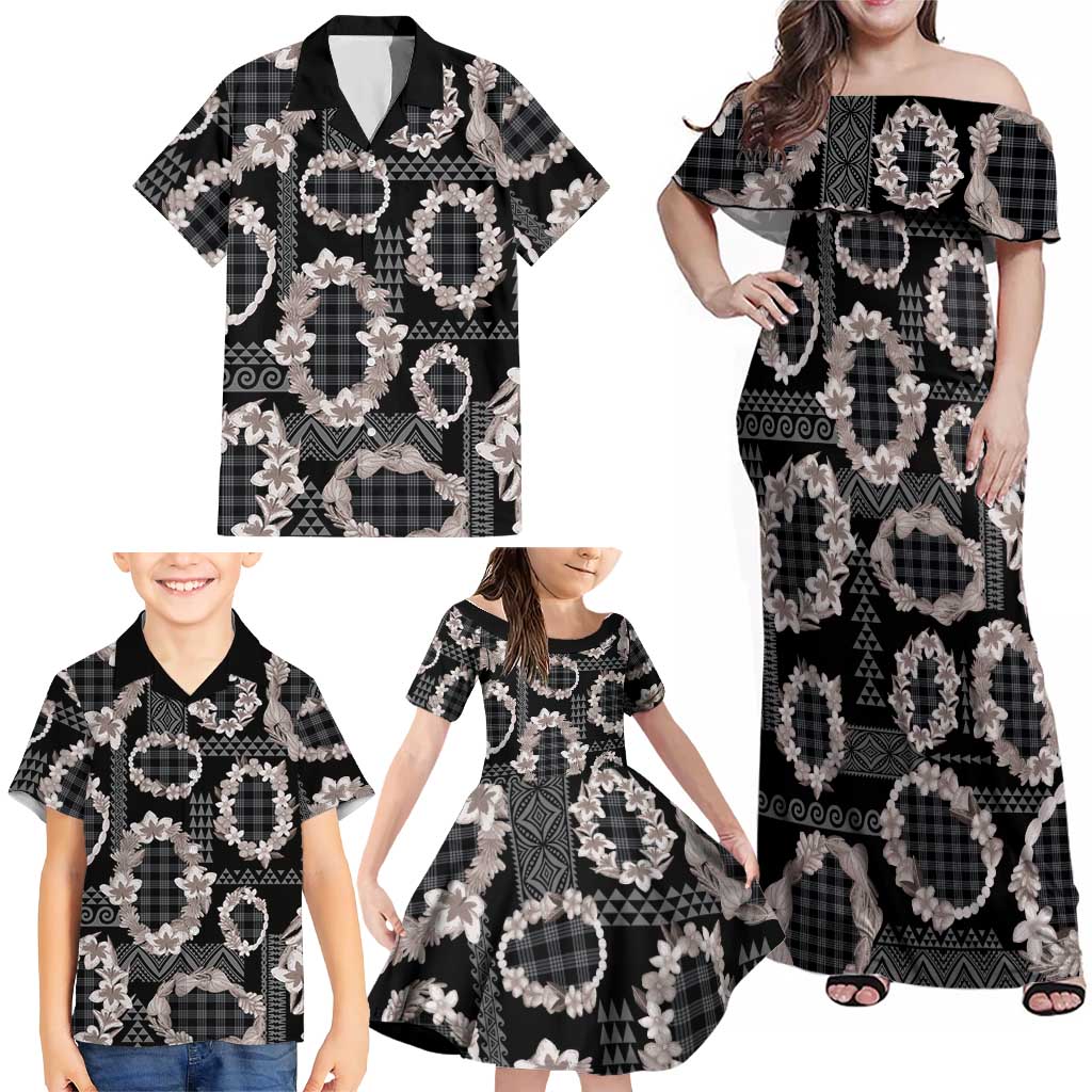 Hawaiian Leis Family Matching Off Shoulder Maxi Dress and Hawaiian Shirt Kakau Tattoos and Palaka Pastel Grayscale LT03 - Polynesian Pride