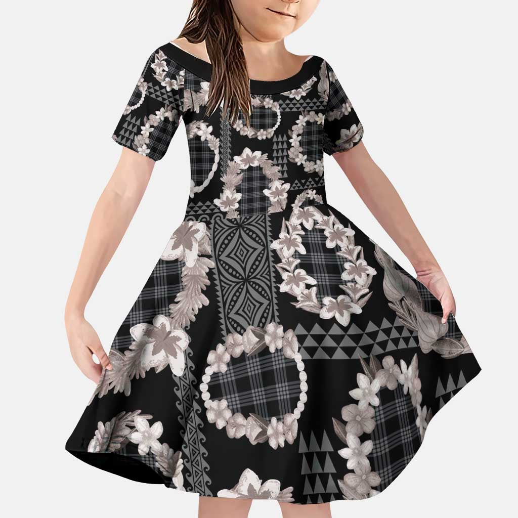 Hawaiian Leis Family Matching Summer Maxi Dress and Hawaiian Shirt Kakau Tattoos and Palaka Pastel Grayscale LT03 Daughter's Dress Black - Polynesian Pride