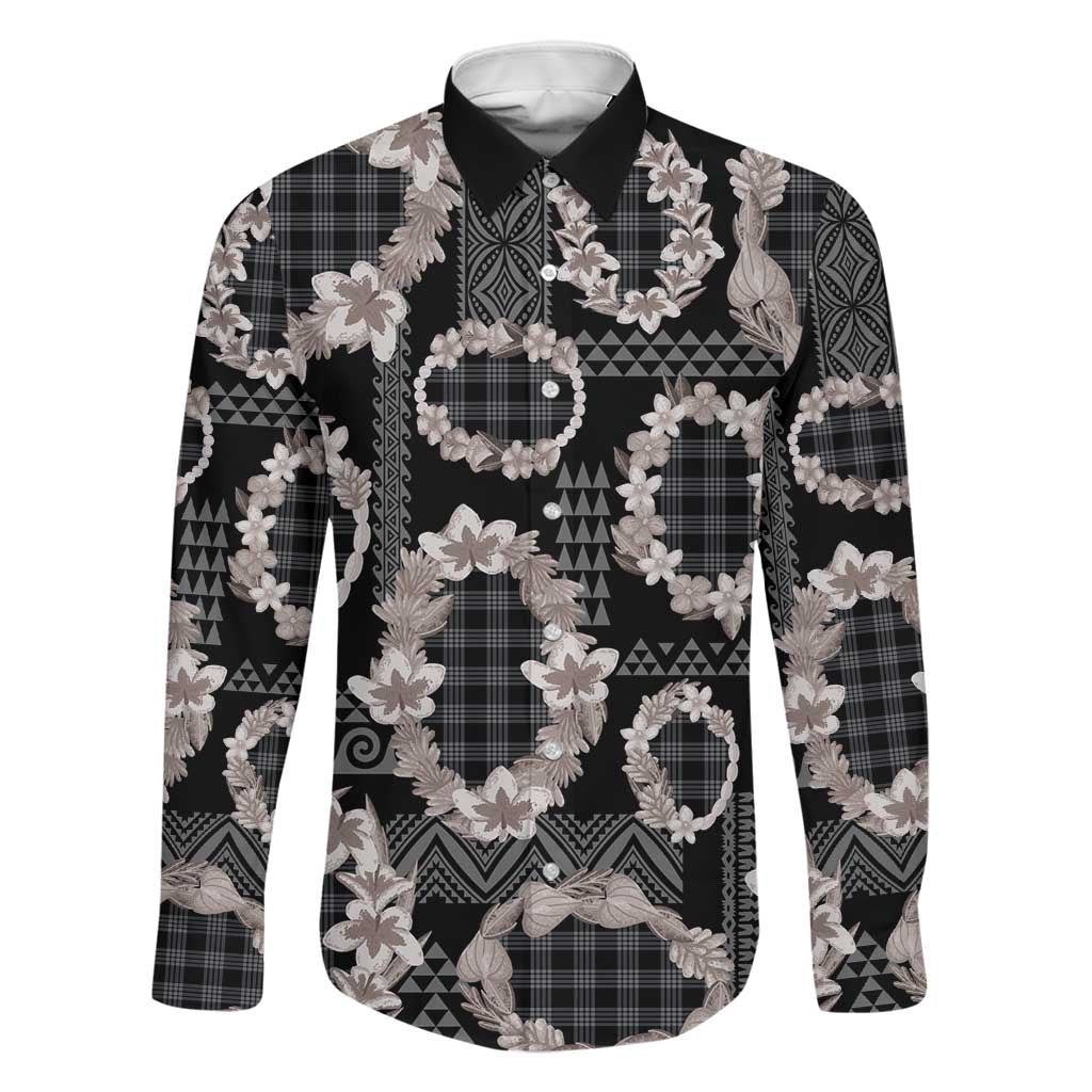 Hawaiian Leis Family Matching Tank Maxi Dress and Hawaiian Shirt Kakau Tattoos and Palaka Pastel Grayscale LT03 Dad's Shirt - Long Sleeve Black - Polynesian Pride