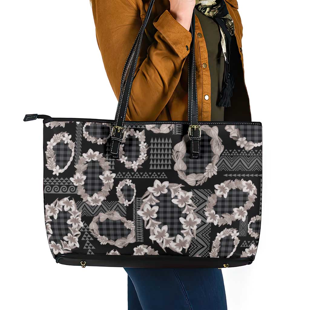 Hawaiian Leis Leather Tote Bag Kakau Tattoos and Palaka Pastel Grayscale LT03 - Polynesian Pride