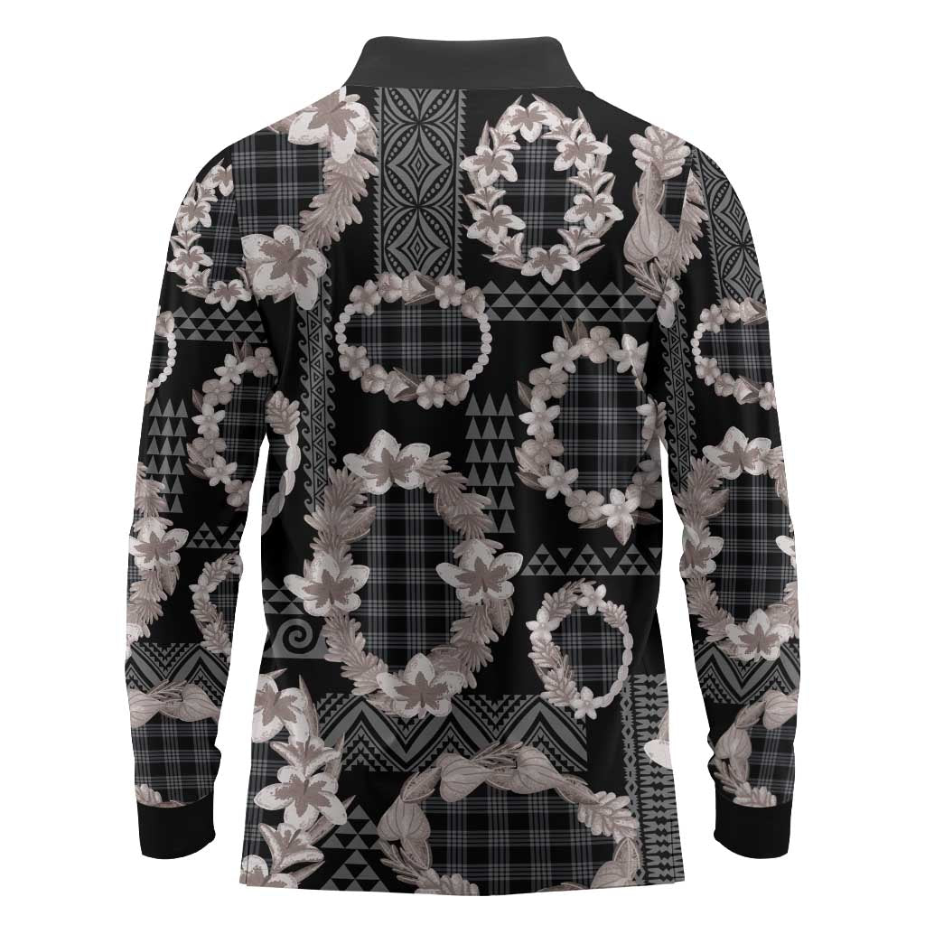Hawaiian Leis Long Sleeve Polo Shirt Kakau Tattoos and Palaka Pastel Grayscale