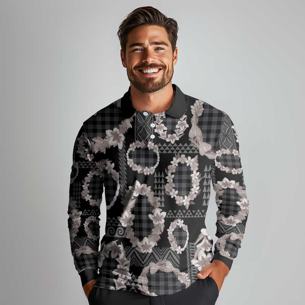Hawaiian Leis Long Sleeve Polo Shirt Kakau Tattoos and Palaka Pastel Grayscale