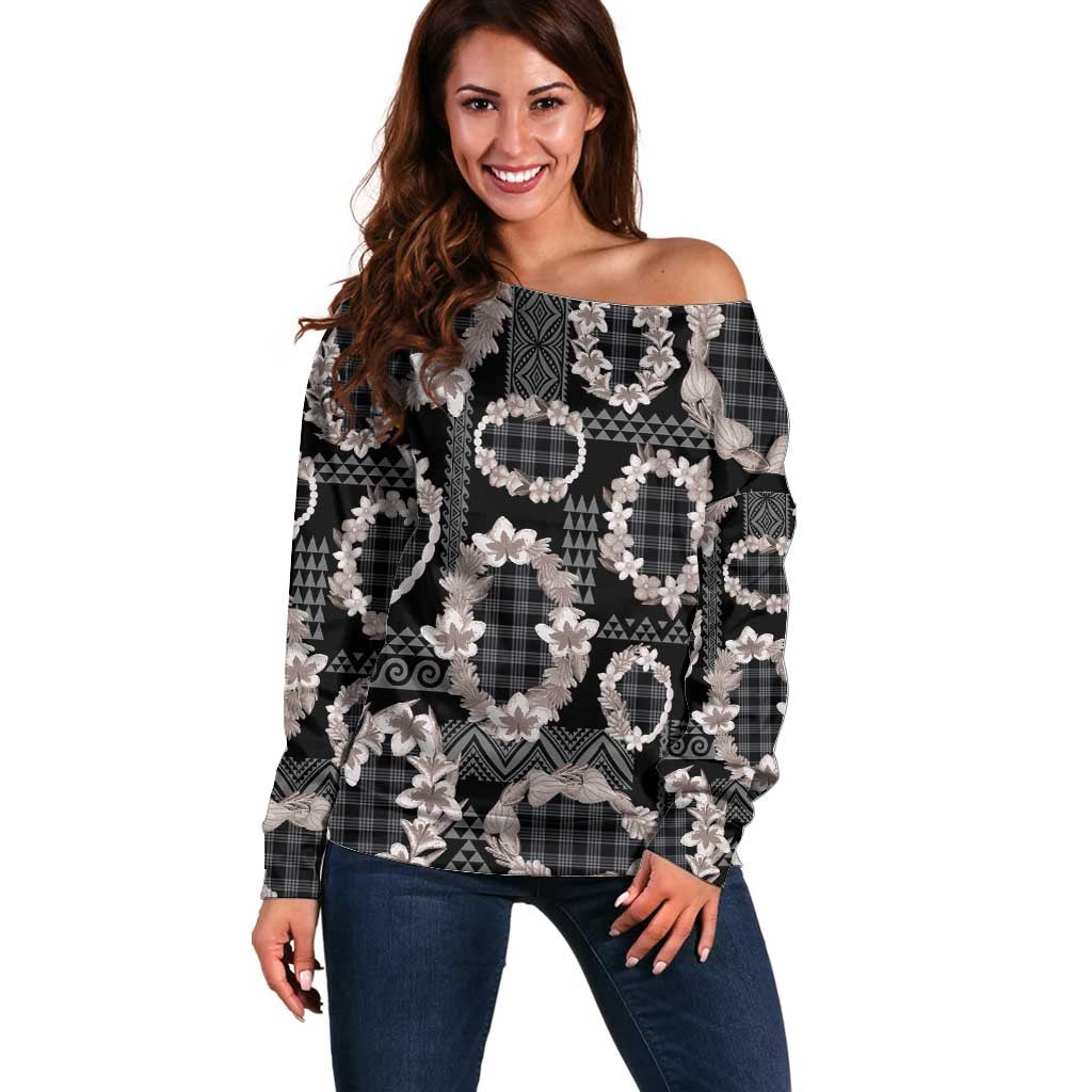 Hawaiian Leis Off Shoulder Sweater Kakau Tattoos and Palaka Pastel Grayscale