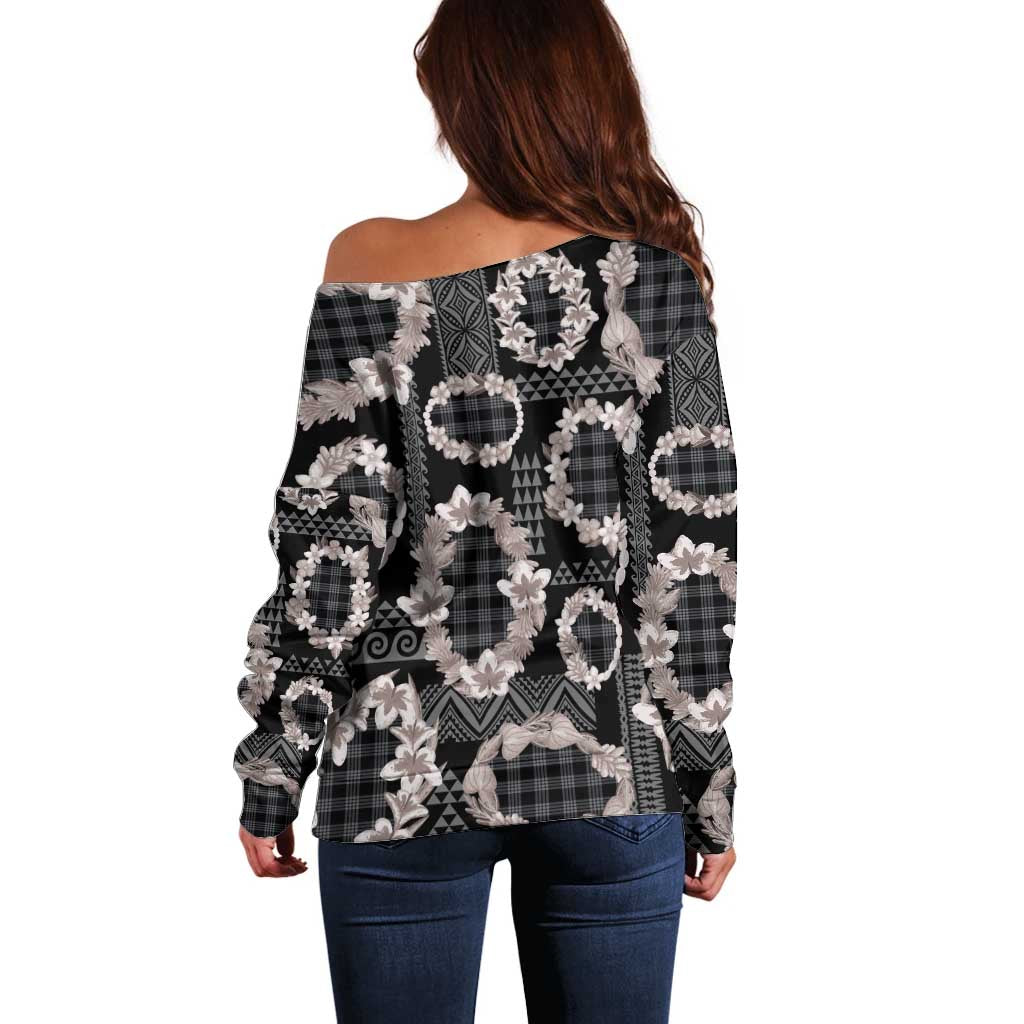 Hawaiian Leis Off Shoulder Sweater Kakau Tattoos and Palaka Pastel Grayscale