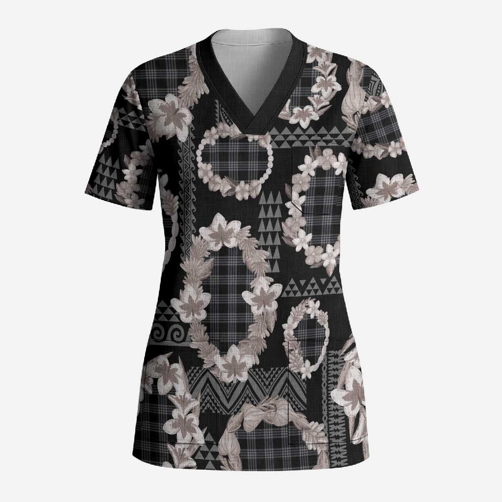 Hawaiian Leis Scrub Top Kakau Tattoos and Palaka Pastel Grayscale