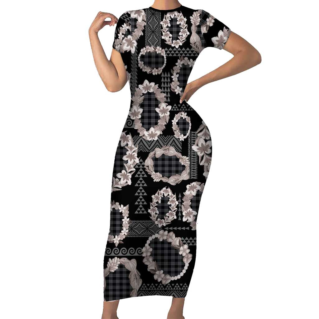 Hawaiian Leis Short Sleeve Bodycon Dress Kakau Tattoos and Palaka Pastel Grayscale