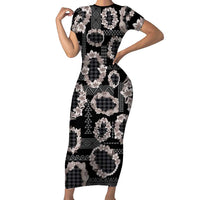Hawaiian Leis Short Sleeve Bodycon Dress Kakau Tattoos and Palaka Pastel Grayscale