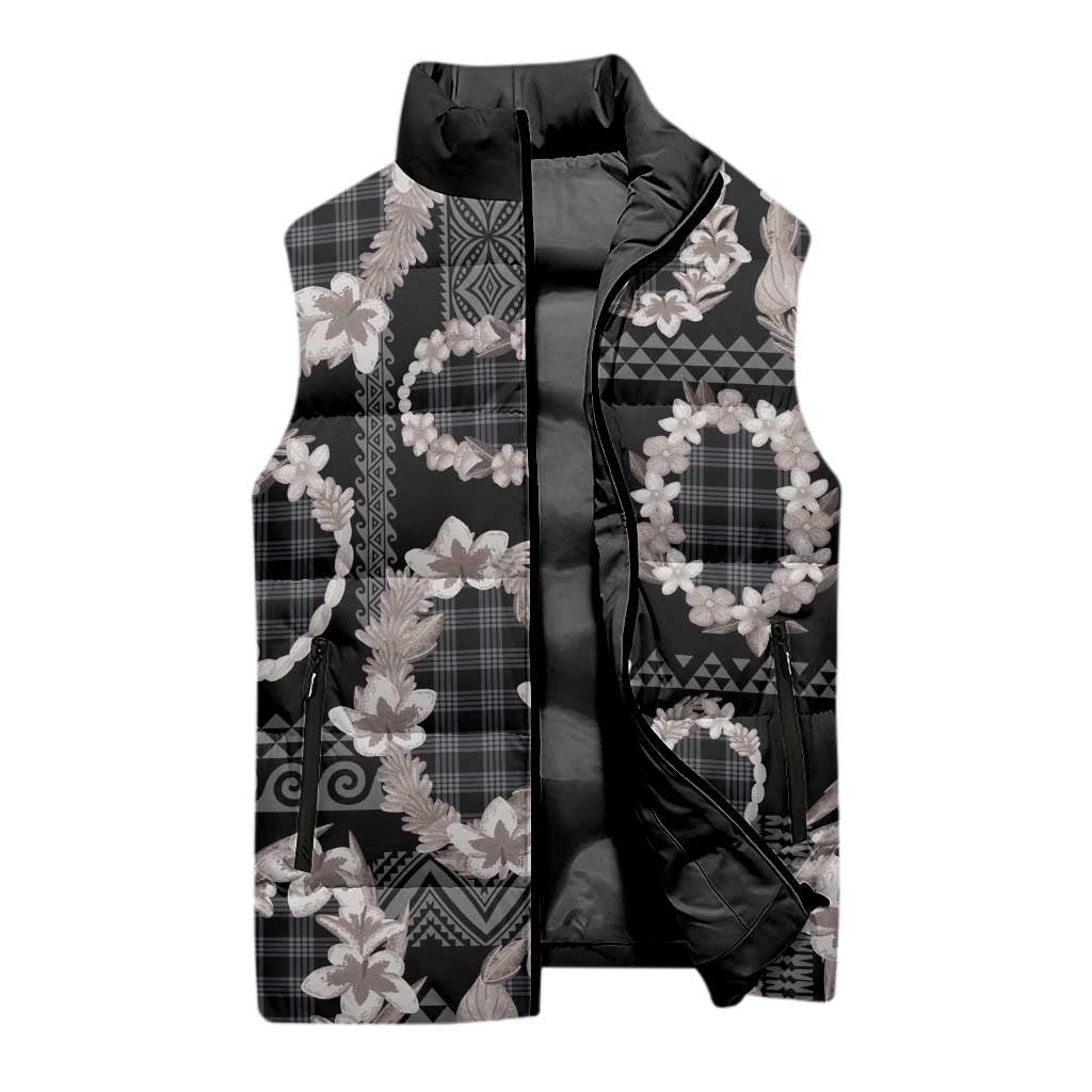 Hawaiian Leis Sleeveless Puffer Jacket Kakau Tattoos and Palaka Pastel Grayscale