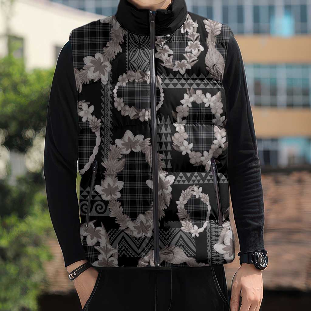 Hawaiian Leis Sleeveless Puffer Jacket Kakau Tattoos and Palaka Pastel Grayscale