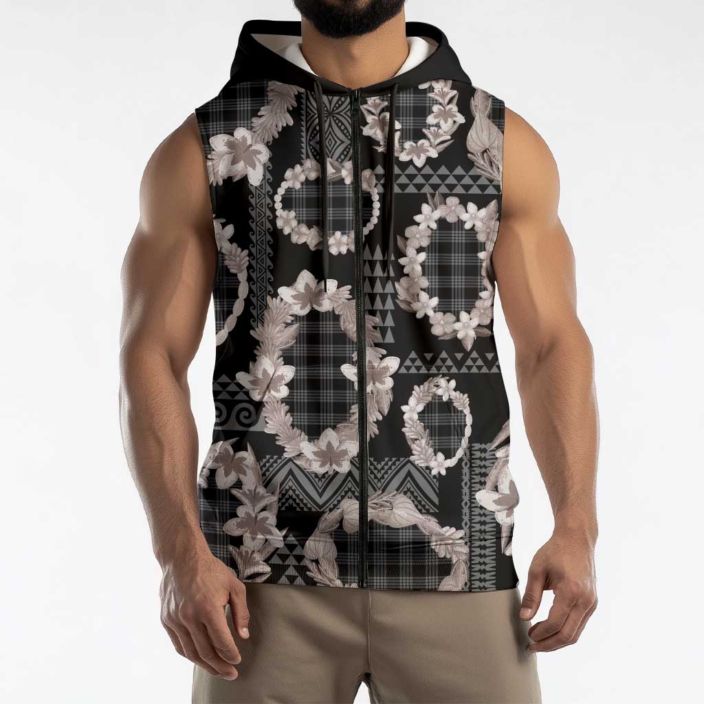 Hawaiian Leis Sleeveless Zip Hoodie Kakau Tattoos and Palaka Pastel Grayscale