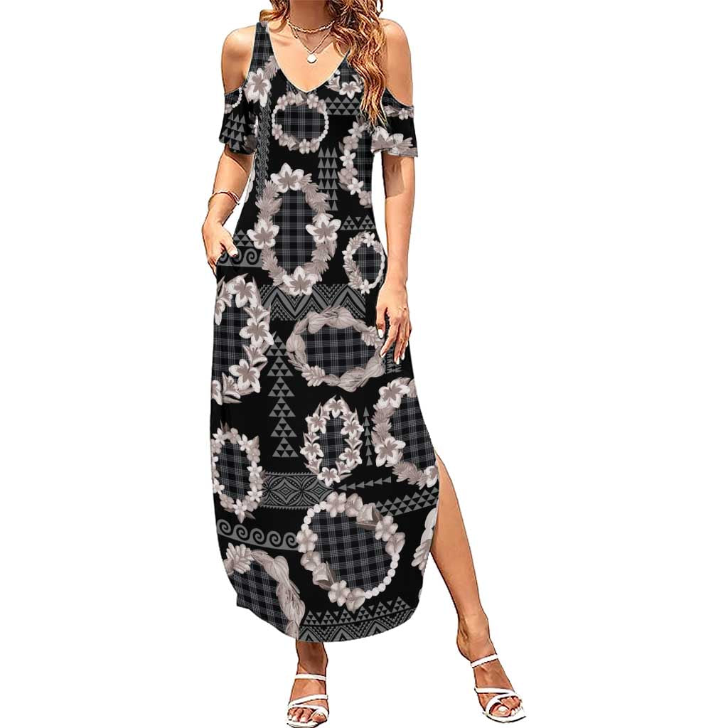 Hawaiian Leis Summer Maxi Dress Kakau Tattoos and Palaka Pastel Grayscale