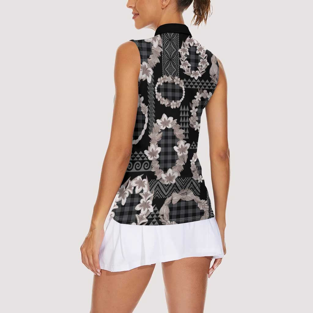 Hawaiian Leis Women Sleeveless Polo Shirt Kakau Tattoos and Palaka Pastel Grayscale