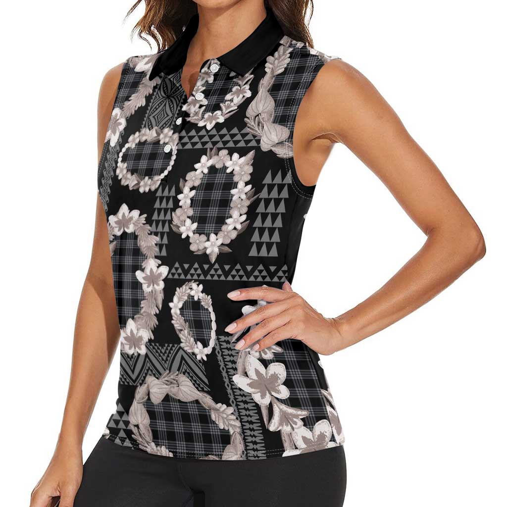 Hawaiian Leis Women Sleeveless Polo Shirt Kakau Tattoos and Palaka Pastel Grayscale