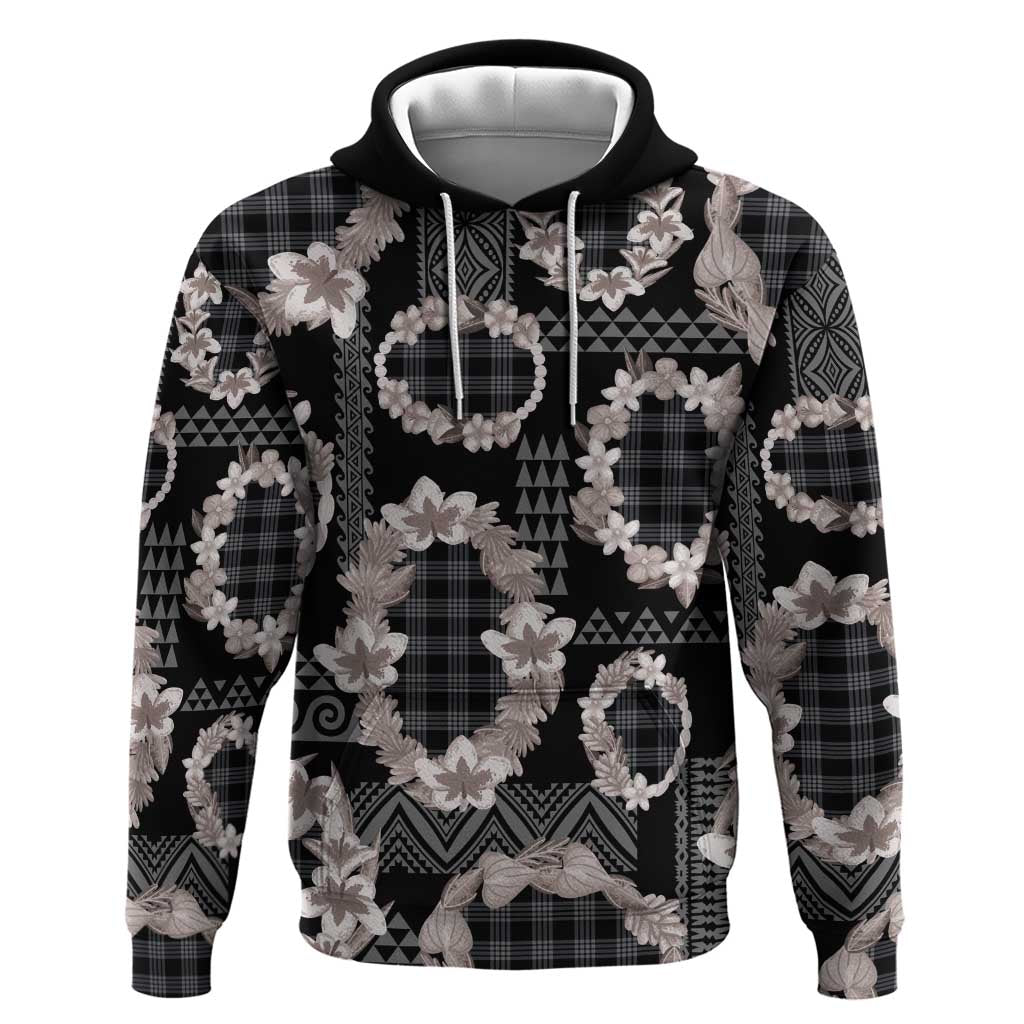 Hawaiian Leis Zip Hoodie Kakau Tattoos and Palaka Pastel Grayscale LT03 Pullover Hoodie Black - Polynesian Pride