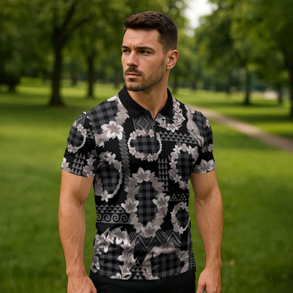 Hawaiian Leis Zipper Polo Shirt Kakau Tattoos and Palaka Pastel Grayscale