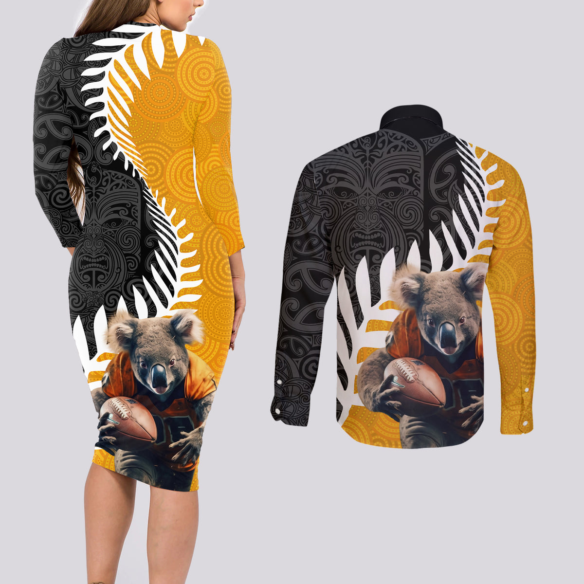 New Zealand and Australia Rugby Couples Matching Long Sleeve Bodycon Dress and Long Sleeve Button Shirt Koala and Maori Warrior Together LT03 - Polynesian Pride
