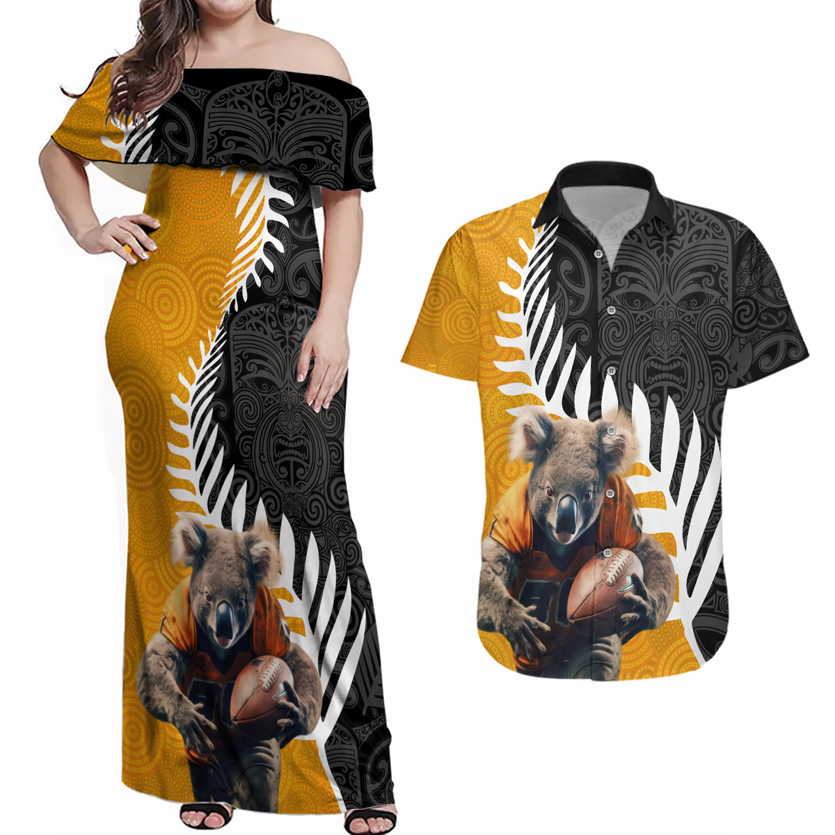 New Zealand and Australia Rugby Couples Matching Off Shoulder Maxi Dress and Hawaiian Shirt Koala and Maori Warrior Together LT03 Black - Polynesian Pride