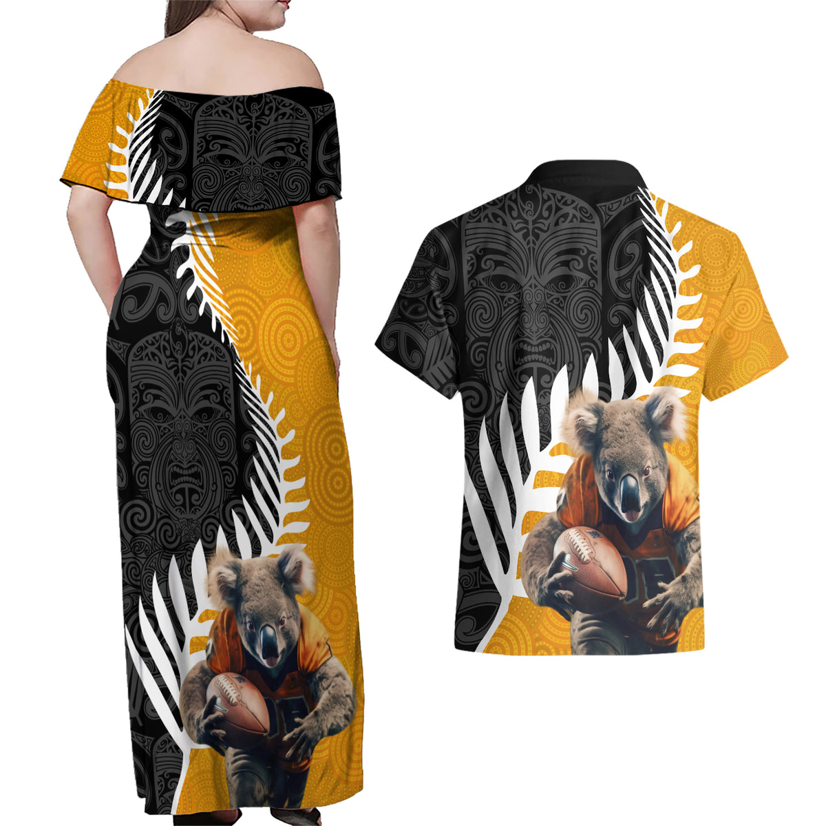 New Zealand and Australia Rugby Couples Matching Off Shoulder Maxi Dress and Hawaiian Shirt Koala and Maori Warrior Together LT03 - Polynesian Pride