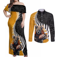 New Zealand and Australia Rugby Couples Matching Off Shoulder Maxi Dress and Long Sleeve Button Shirt Koala and Maori Warrior Together LT03 Black - Polynesian Pride