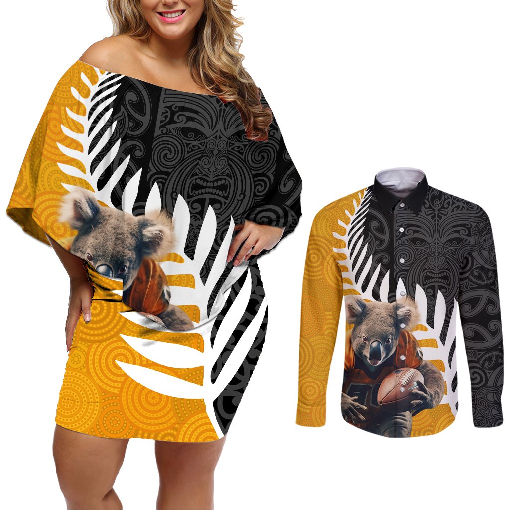 New Zealand and Australia Rugby Couples Matching Off Shoulder Short Dress and Long Sleeve Button Shirt Koala and Maori Warrior Together LT03 Black - Polynesian Pride
