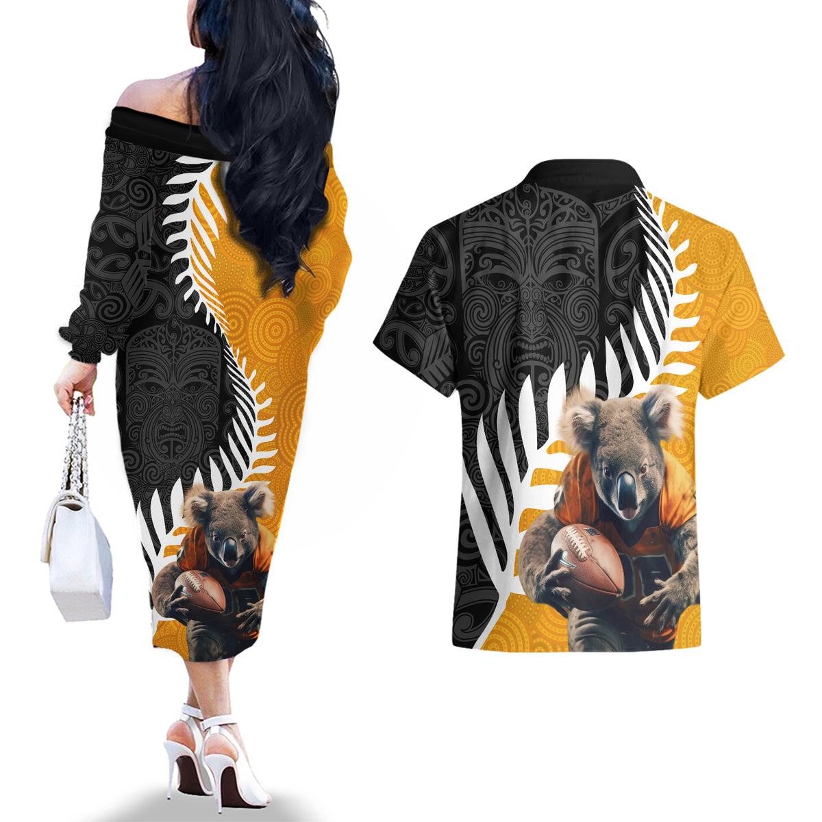 New Zealand and Australia Rugby Couples Matching Off The Shoulder Long Sleeve Dress and Hawaiian Shirt Koala and Maori Warrior Together LT03 - Polynesian Pride