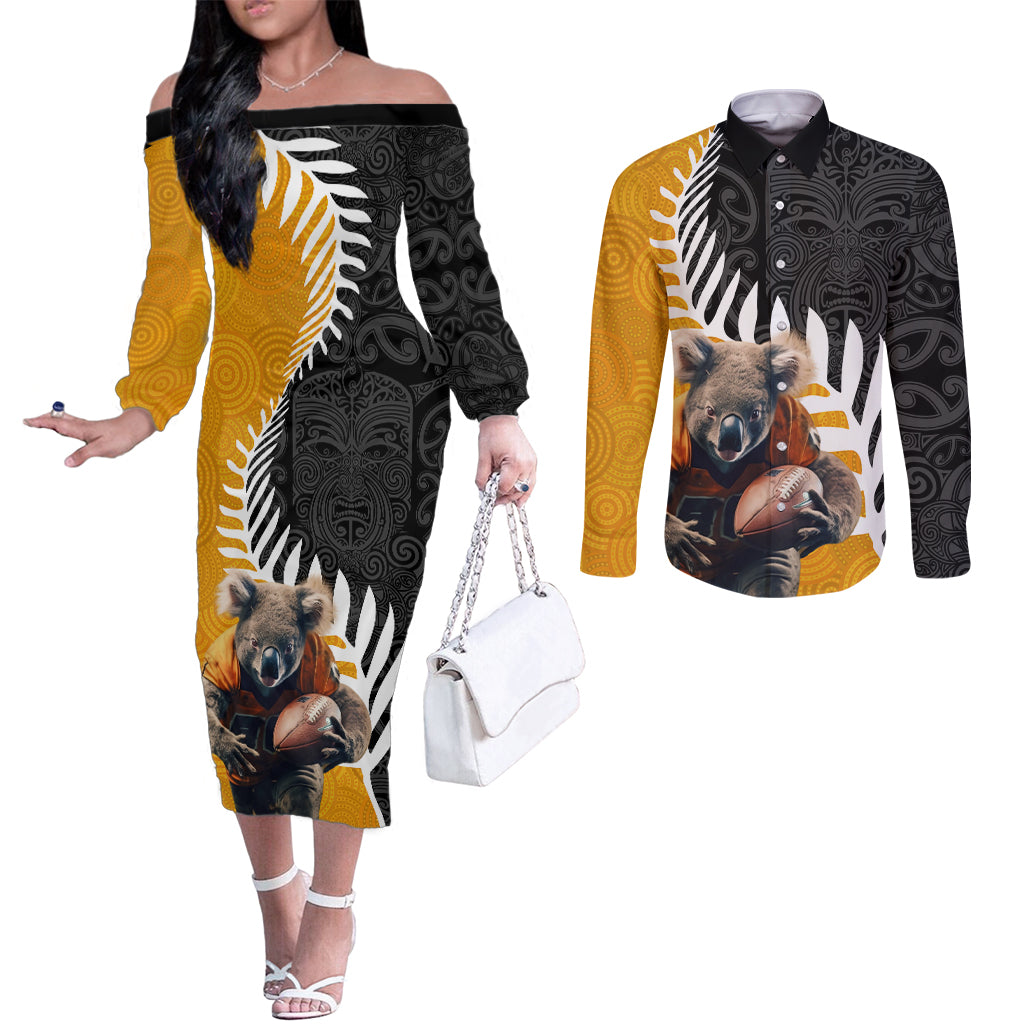 New Zealand and Australia Rugby Couples Matching Off The Shoulder Long Sleeve Dress and Long Sleeve Button Shirt Koala and Maori Warrior Together LT03 Black - Polynesian Pride