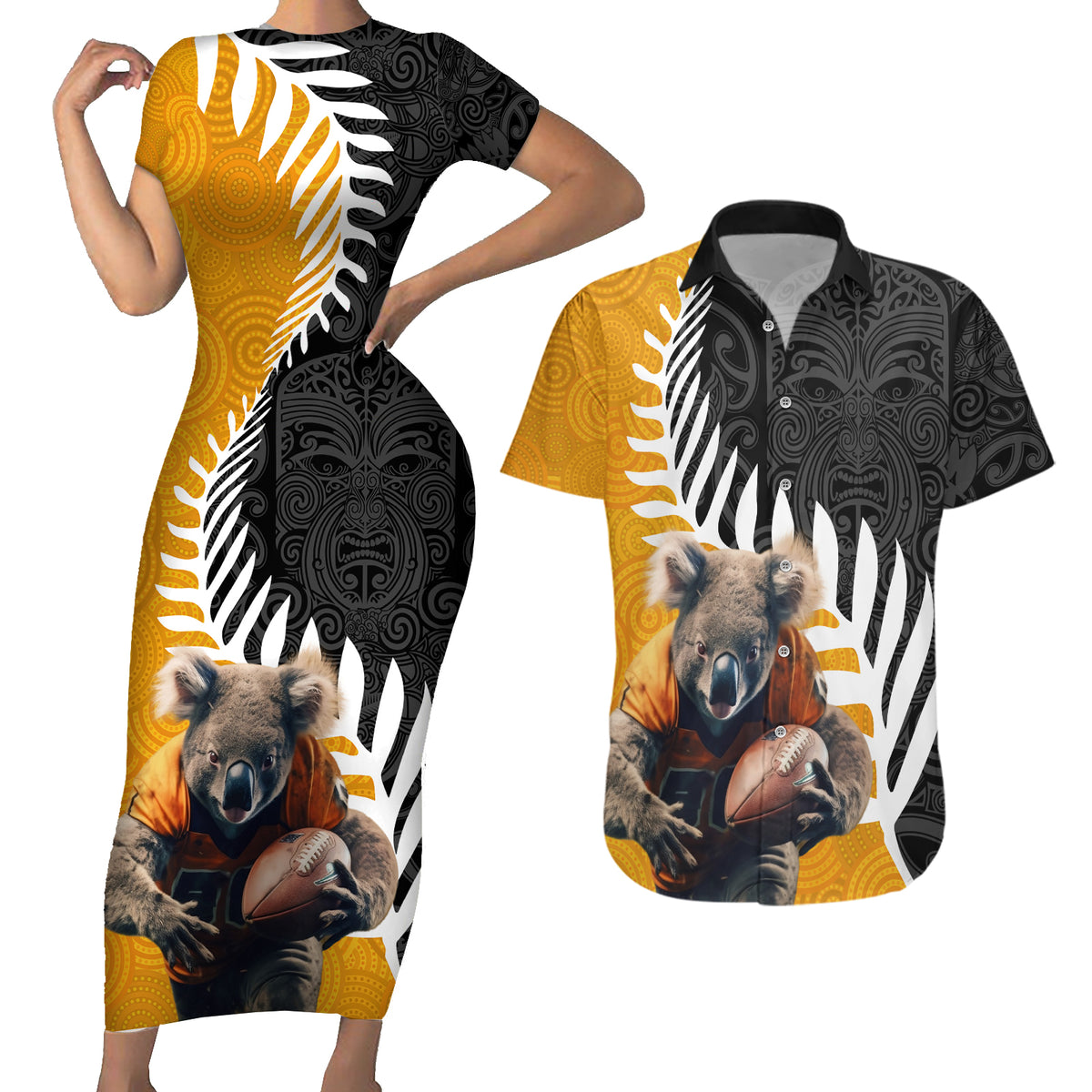 New Zealand and Australia Rugby Couples Matching Short Sleeve Bodycon Dress and Hawaiian Shirt Koala and Maori Warrior Together LT03 Black - Polynesian Pride