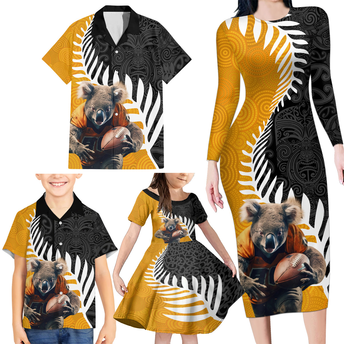 New Zealand and Australia Rugby Family Matching Long Sleeve Bodycon Dress and Hawaiian Shirt Koala and Maori Warrior Together LT03 - Polynesian Pride
