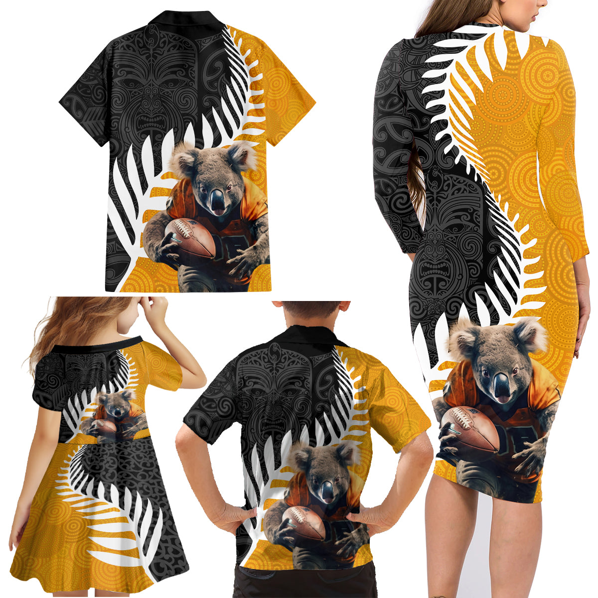 New Zealand and Australia Rugby Family Matching Long Sleeve Bodycon Dress and Hawaiian Shirt Koala and Maori Warrior Together LT03 - Polynesian Pride
