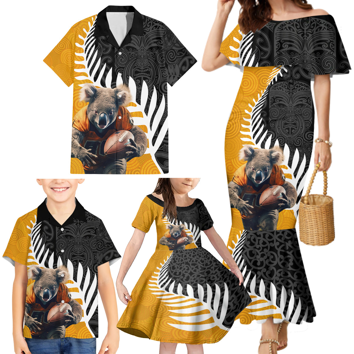 New Zealand and Australia Rugby Family Matching Mermaid Dress and Hawaiian Shirt Koala and Maori Warrior Together LT03 - Polynesian Pride