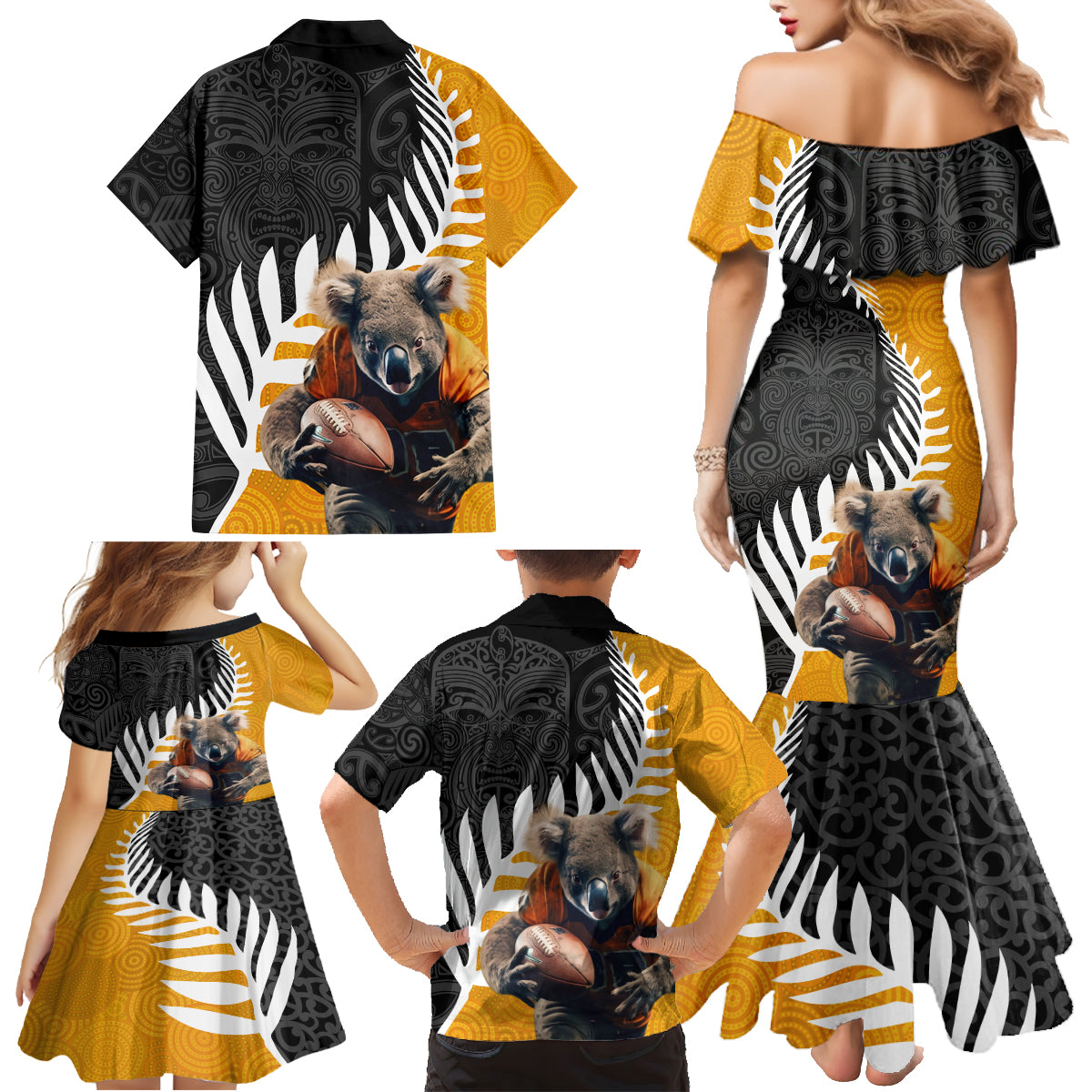 New Zealand and Australia Rugby Family Matching Mermaid Dress and Hawaiian Shirt Koala and Maori Warrior Together LT03 - Polynesian Pride