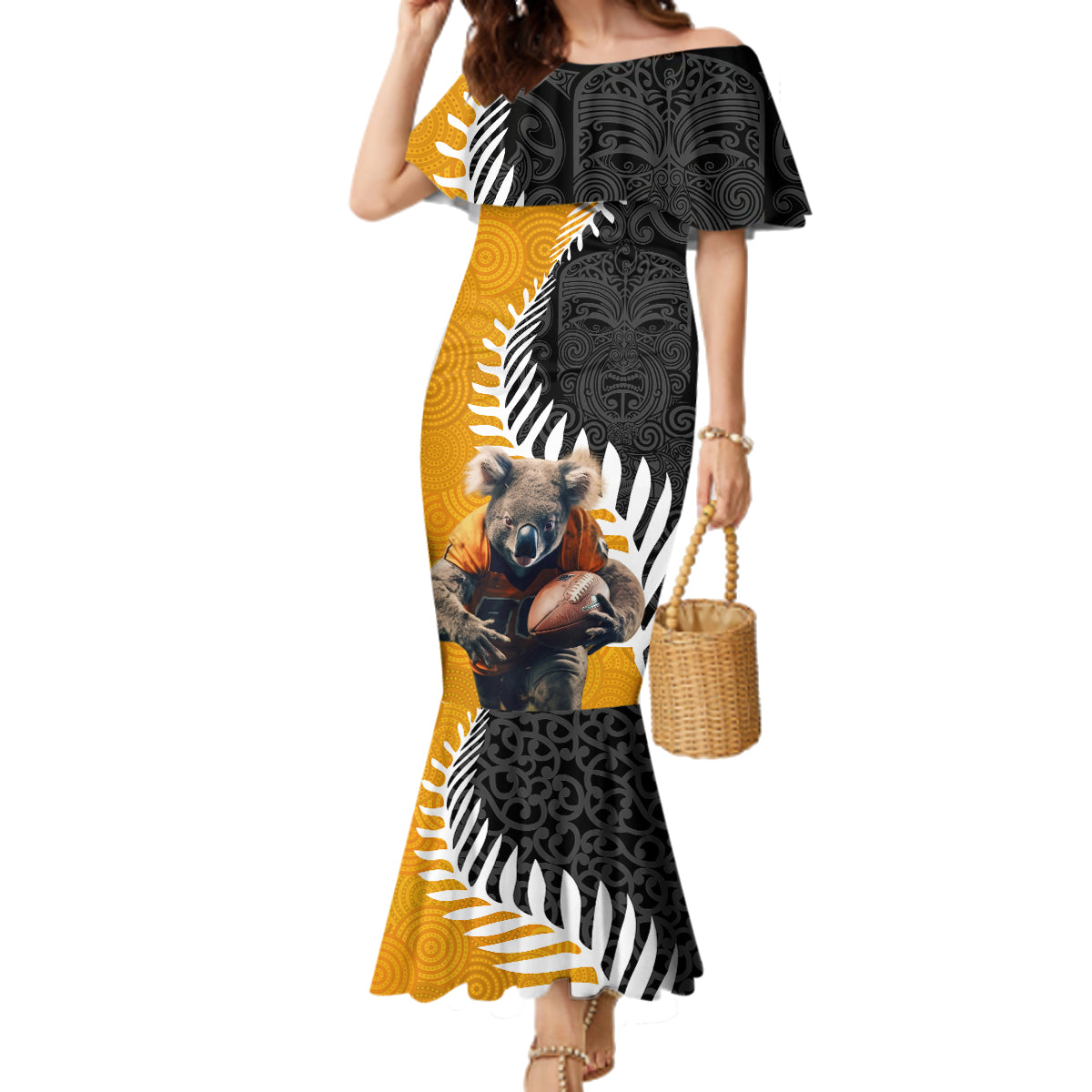 New Zealand and Australia Rugby Family Matching Mermaid Dress and Hawaiian Shirt Koala and Maori Warrior Together LT03 Mom's Dress Black - Polynesian Pride