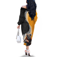 New Zealand and Australia Rugby Family Matching Off The Shoulder Long Sleeve Dress and Hawaiian Shirt Koala and Maori Warrior Together LT03 - Polynesian Pride