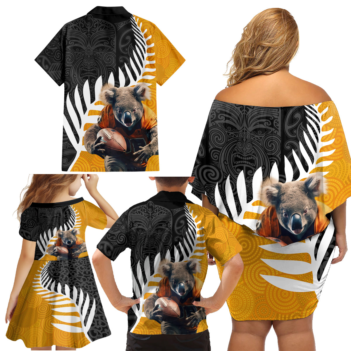 New Zealand and Australia Rugby Family Matching Off Shoulder Short Dress and Hawaiian Shirt Koala and Maori Warrior Together LT03 - Polynesian Pride