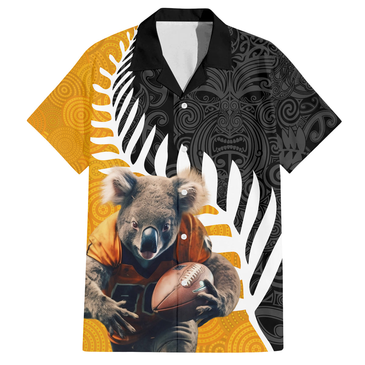New Zealand and Australia Rugby Family Matching Puletasi and Hawaiian Shirt Koala and Maori Warrior Together LT03 Dad's Shirt - Short Sleeve Black - Polynesian Pride